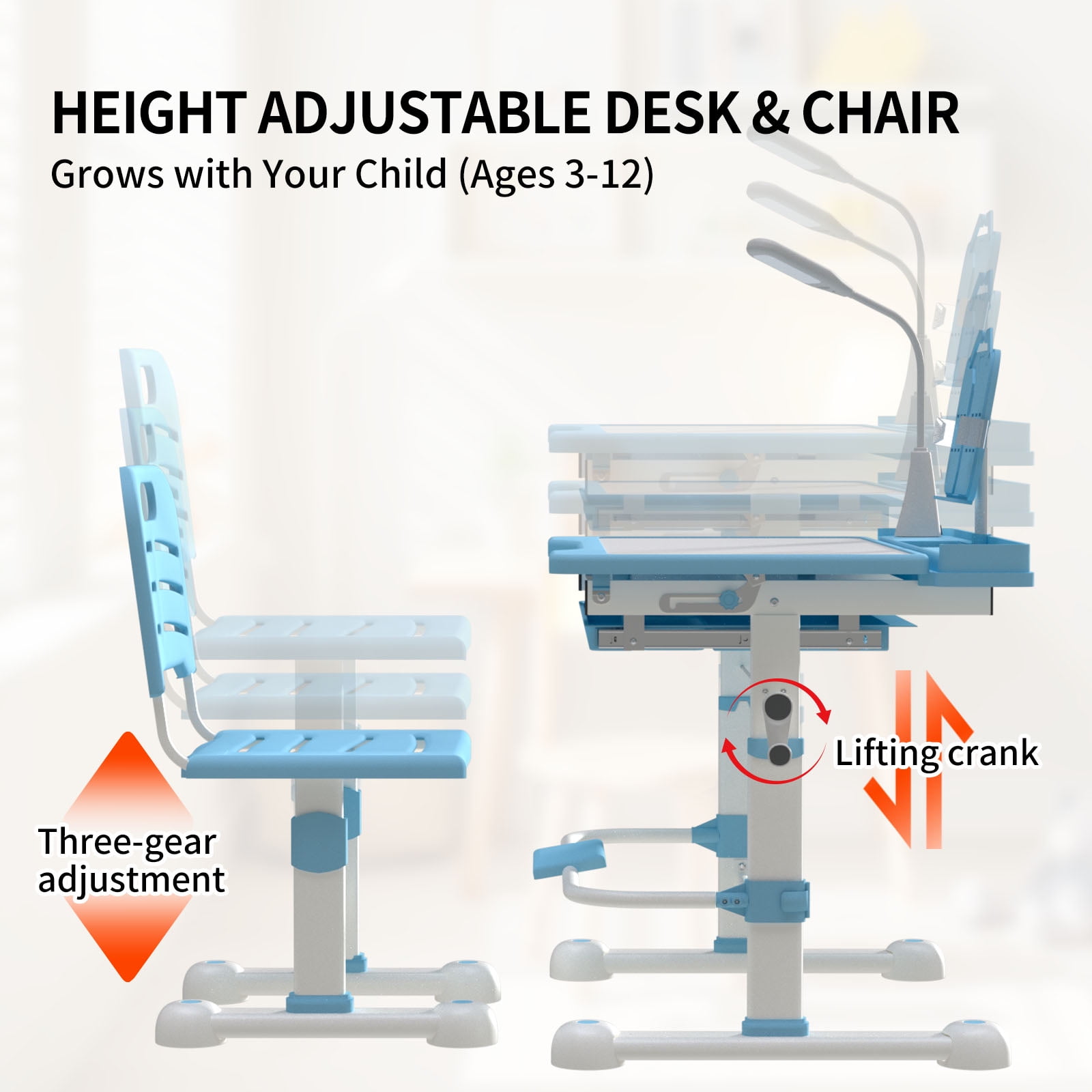 Kids Adjustable Desk & Chair Set with LED Light & Tilt Top, Study Table with Drawer & Bookstand, Blue
