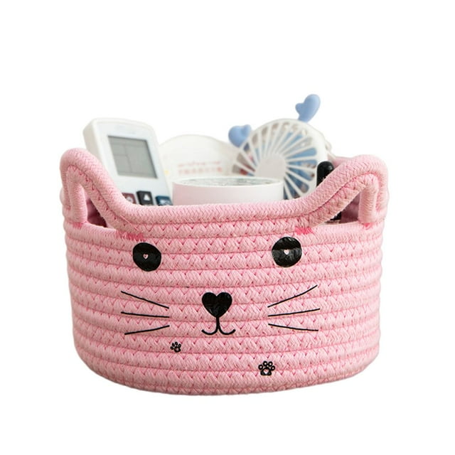 Storage Basket Hand Woven Multi-purpose Large Capacity Comfortable Handle Space-saving Decorative Cotton Rope Cat Ears Desktop Key Sundries Organizer Box Household Supplies
