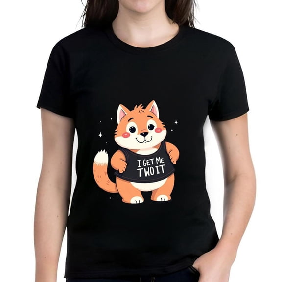 Cheerful Cartoon Fox Cotton Short Sleeve T-Shirt with " I GET ME T WOOT " Text - Playful Design Fluffy Tail & Rosy Cheeks Perfect for Casual Wear
