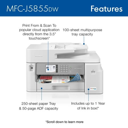 Brother - MFC-J5855DW INKvestment Tank All-in-One Inkjet Printer with up to 1-Year of Ink In-box - White/Gray