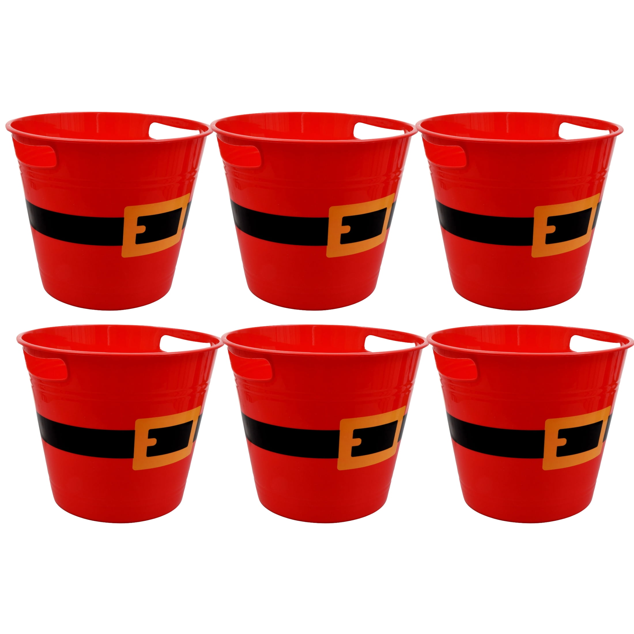 (6) Christmas Plastic Red Buckets with Santa Belt Design 7.95in