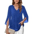 thumbnail image 4 of WULMLEO Sparkle Tops for Women 3/4 Sleeve V Neck Sparkly Top Glitter Bling Sequin Cocktail Disco Going Out Blouses Outfits Blue S, 4 of 8