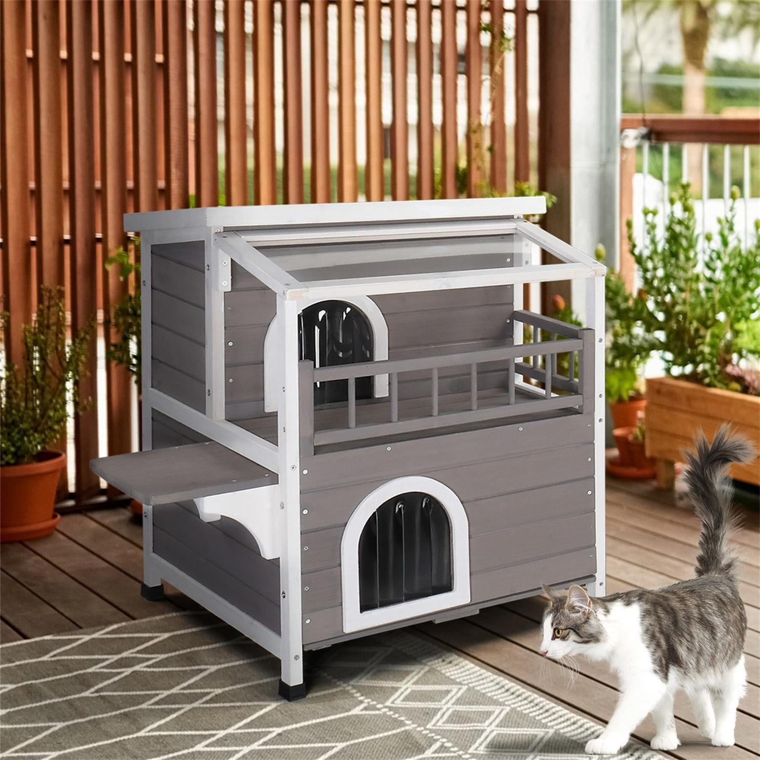Pefilos 30" Wooden Cat House 2-Story Indoor Outdoor Luxurious Cat Shelter with Transparent Canopy, Double Escape Door Pet House, Gray Pefilos 30" Wooden Cat House 2-Story Indoor Outdoor Luxurious Cat Shelter with Transparent Canopy, Double Escape Door Pet House, Gray