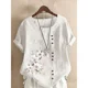 thumbnail image 1 of Camiseta de lino y algodón para mujer, Top elegante y cómodo con una hilera de botones, decoración de empalme, camisetas informales con estampado de flores para mujer 2024, 1 of 4