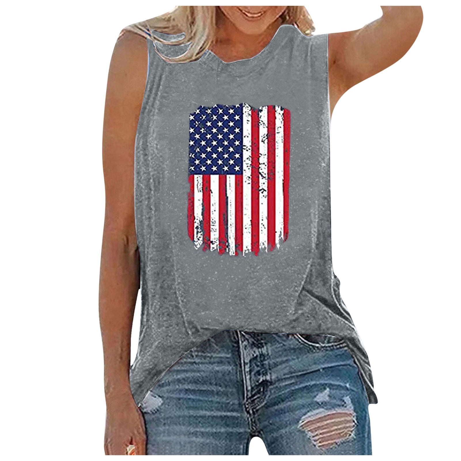 Laibory Womens Independence Day Print Casual Summer Sleeveless O-Neck T-Shirts Fashion Gym Fitness Vest Tank Tops Blouse 