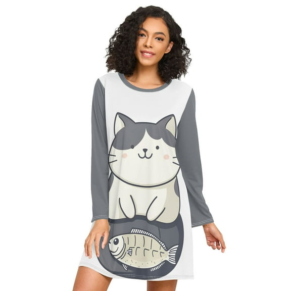 FORMRS Womens Long Sleeve Nightgowns Crew Neck Sleep Shirt Soft Pajamas Sizes S-3XL, Black Cute Cat