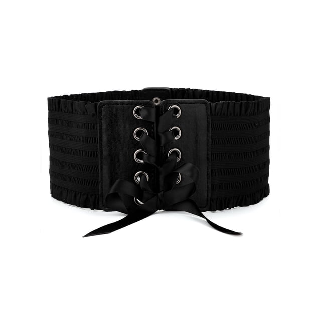 Unique Bargains Ceinture Grand Élastique Extensible pour Femme en Noir, avec Fermeture à Boutons et design à Ruban Croisé. la Ceinture Mesure de 25 à 39 Pouces de Longueur Totale en Position Décontractée Ou Étirée, avec une Largeur de 9,5 cm (3 3/4 Pouces). Fabriquée en Matériau Élastique, Elle Convient aux Ceintures entre 25 et 39 Pouces. la Couleur Noire Unie et le Détail de Laçage Décoratif avec Oeillets Métalliques Ajoutent une Touche Stylée, Idéale pour la Décoration de Robe.