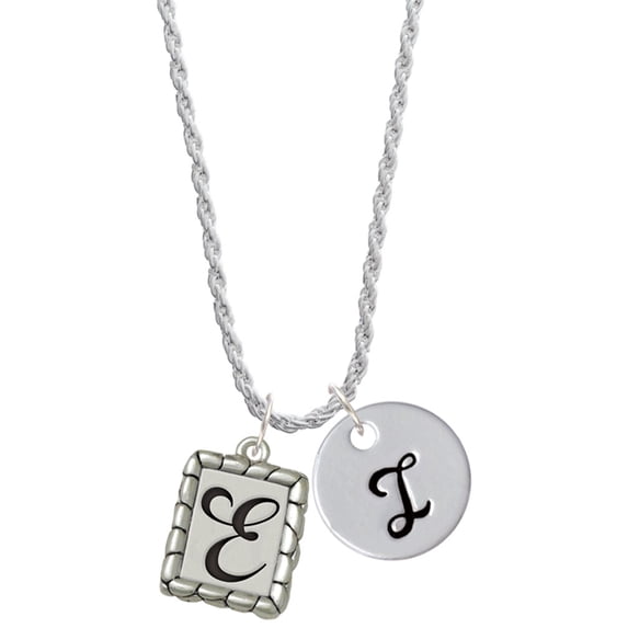Delight Jewelry Silvertone Pebble Border Initial - E Silvertone Script Initial Disc - I - Charm Necklace, 20"+3"
