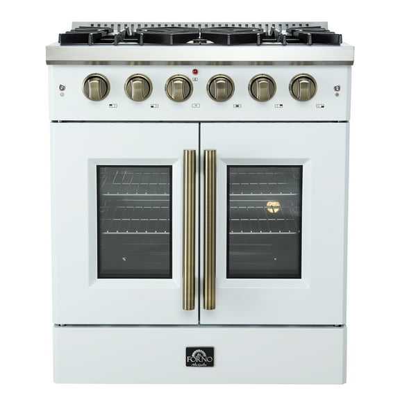 Forno Galiano 30-inch French Door Gas Range White with Antique Brass Design, 5 Burners, 68,000 BTU, 4.32 cu.ft. Convection Oven