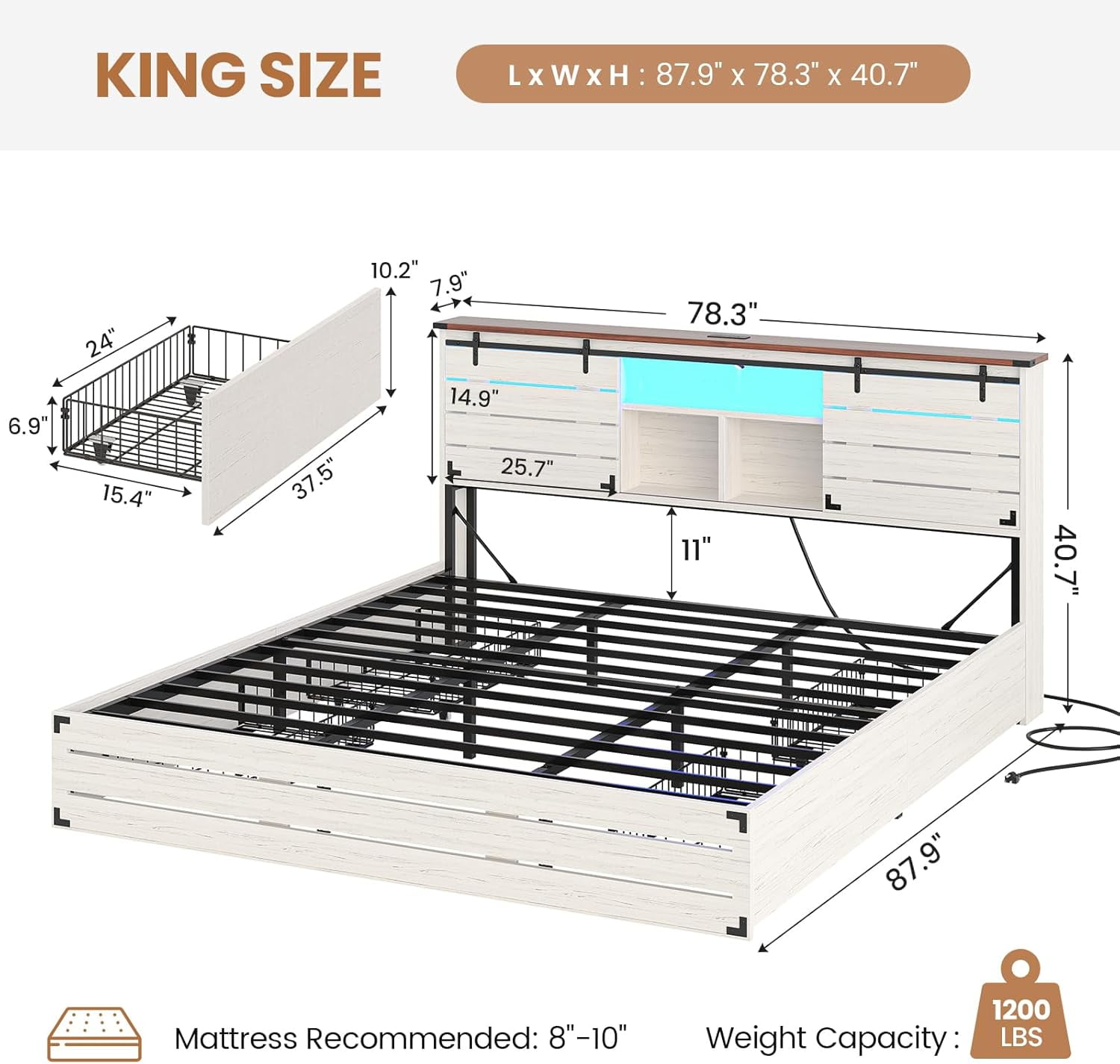AOGLLATI Wooden Bed Frame King Size with Bookcase Headboard and Sliding Barn Door, Farmhouse King Beds with Charging Station, LED Lights and 4 Storage Drawers, No Box Spring Needed, Gray