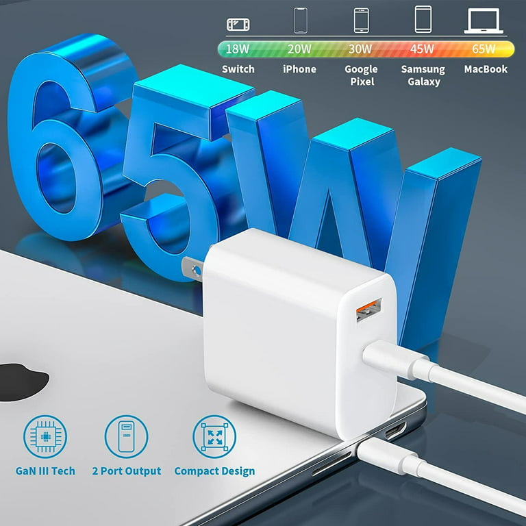 PowerLot USB C Wall Charger, GaN 65W USB C Charger Block with 6ft Type C  Cable, PD Fast Charger for iPhone 15/14/13, iPad Pro, Pixel 7/6, 60W Power