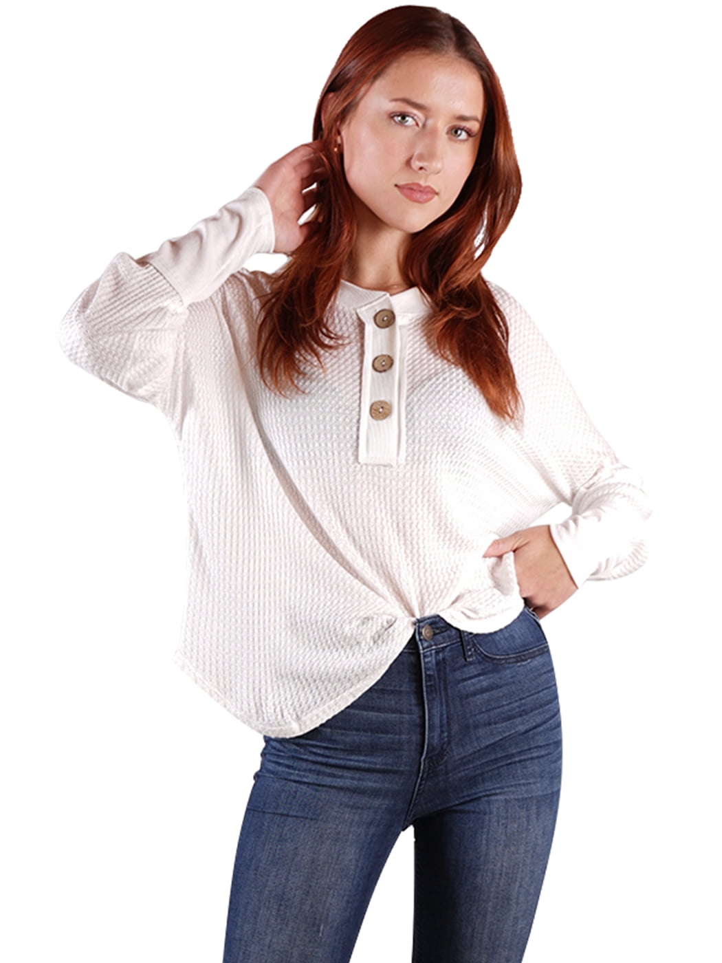 Women's Waffle Knit Tunic Tops Loose Long Sleeve Button Up V Neck ...