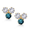 thumbnail image 2 of Gem Stone King 14K Yellow Gold White Created Sapphire and Blue Diamond Three Stone Stud Earrings for Women (0.72 Cttw, Gemstone September Birthstone, Round 3MM), 2 of 4