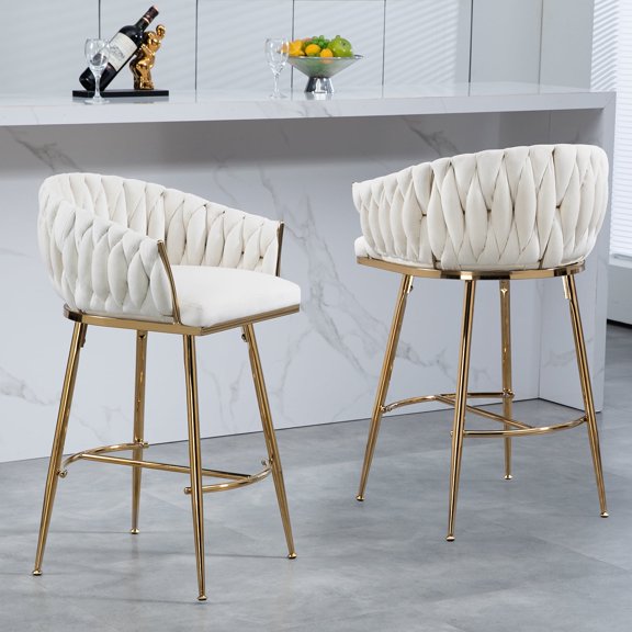 26" Counter Height Bar Stools Set of 2, Grey Velvet Upholstered Bar Chairs with Hand-Wave Back, Golden Chromed Base & Footrest, Modern Kitchen Island Stools(BEIGE)