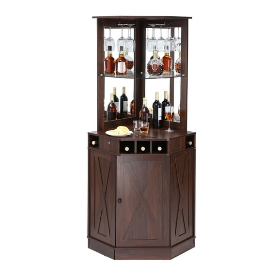 VEVOR Corner Industrial Bar Cabinet, Wine Table for Liquor & Glasses, Sideboard Buffet Cabinet with Glass Holder, Freestanding Farmhouse Wood Coffee Bar Cabinet for Living Room,Home Bar,Black Walnut