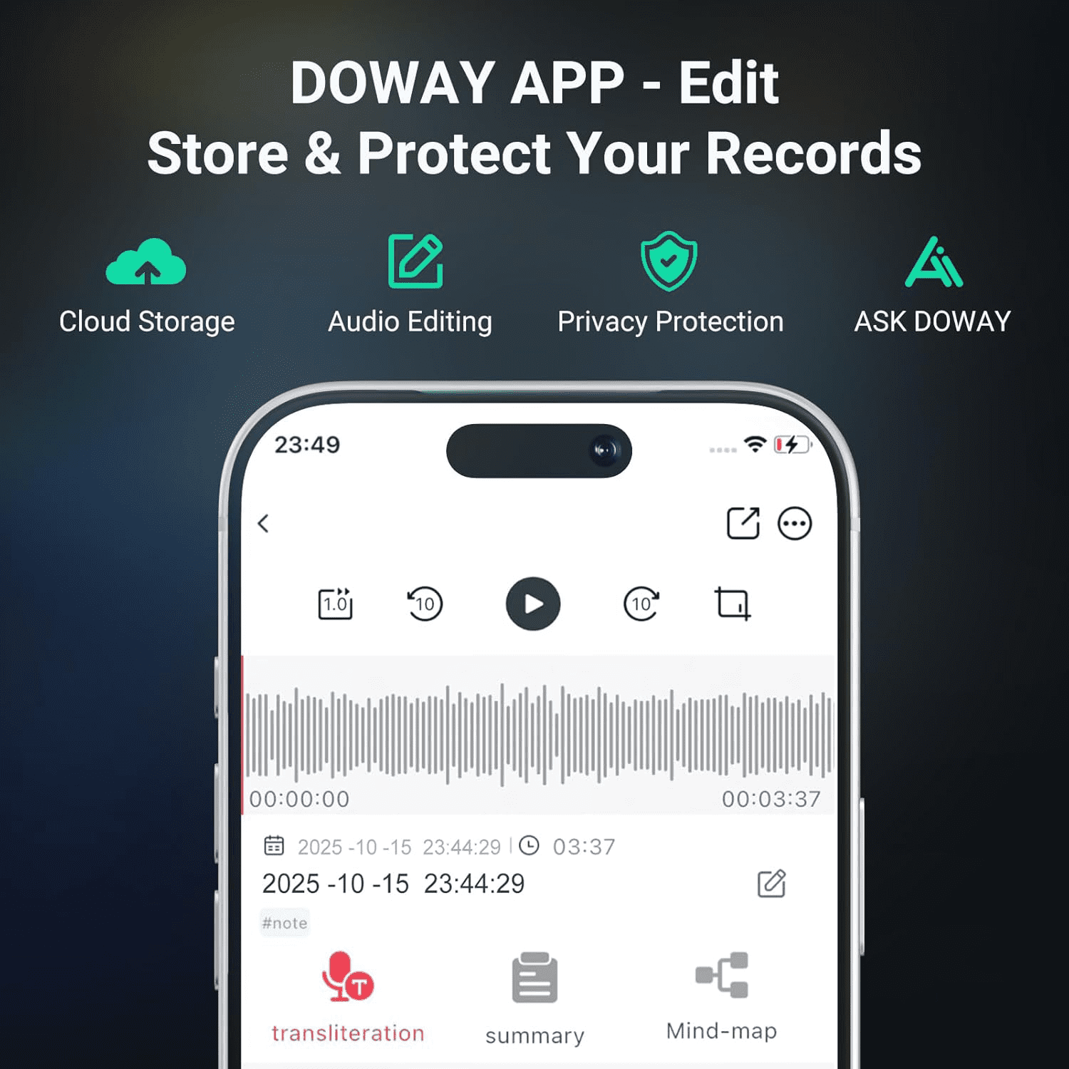 AI Noise Cancellation Voice Recorder: Transcribe, Summarize & Text Translation, 81 Languages, 64GB Memory, App Control for Meeting, Call, and Lecture