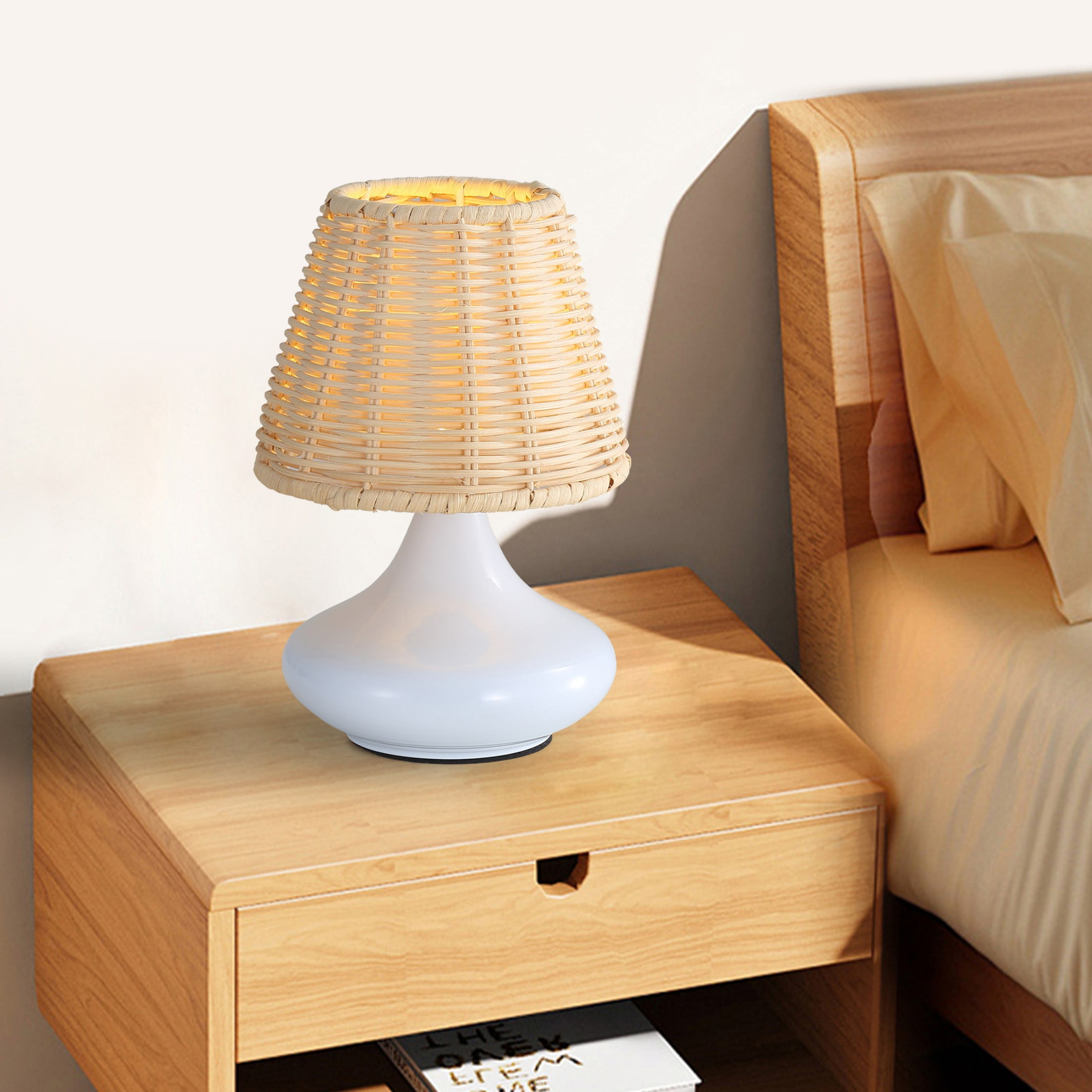 Sofucor LED Desk Lamp with USB Charging Port Bamboo-woven lampshade 3 Color  Home Office Desktop Lamp for Reading, Studying, Nail, College Dorm, White