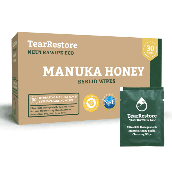 TearRestore NeutraWipe Eco Manuka Honey Eyelid Cleansing Wipes, Ultra-Soft Biodegradable, 30 Count