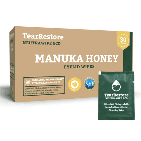 TearRestore NeutraWipe Eco Manuka Honey Eyelid Cleansing Wipes, Ultra-Soft Biodegradable, 30 Count