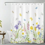 Purple and Yellow Floral Shower Curtain for Bathroom,Cute Rabbit and Butterfly Rustic Green Plant Fabric Shower Curtain with Hooks,Colorful Spring Easter Bathroom Curtains Shower Set, 60x72 inch