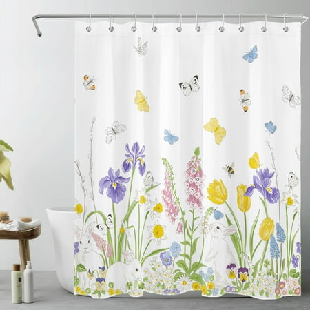 Purple and Yellow Floral Shower Curtain for Bathroom,Cute Rabbit and Butterfly Rustic Green Plant Fabric Shower Curtain with Hooks,Colorful Spring Easter Bathroom Curtains Shower Set, 60x72 inch