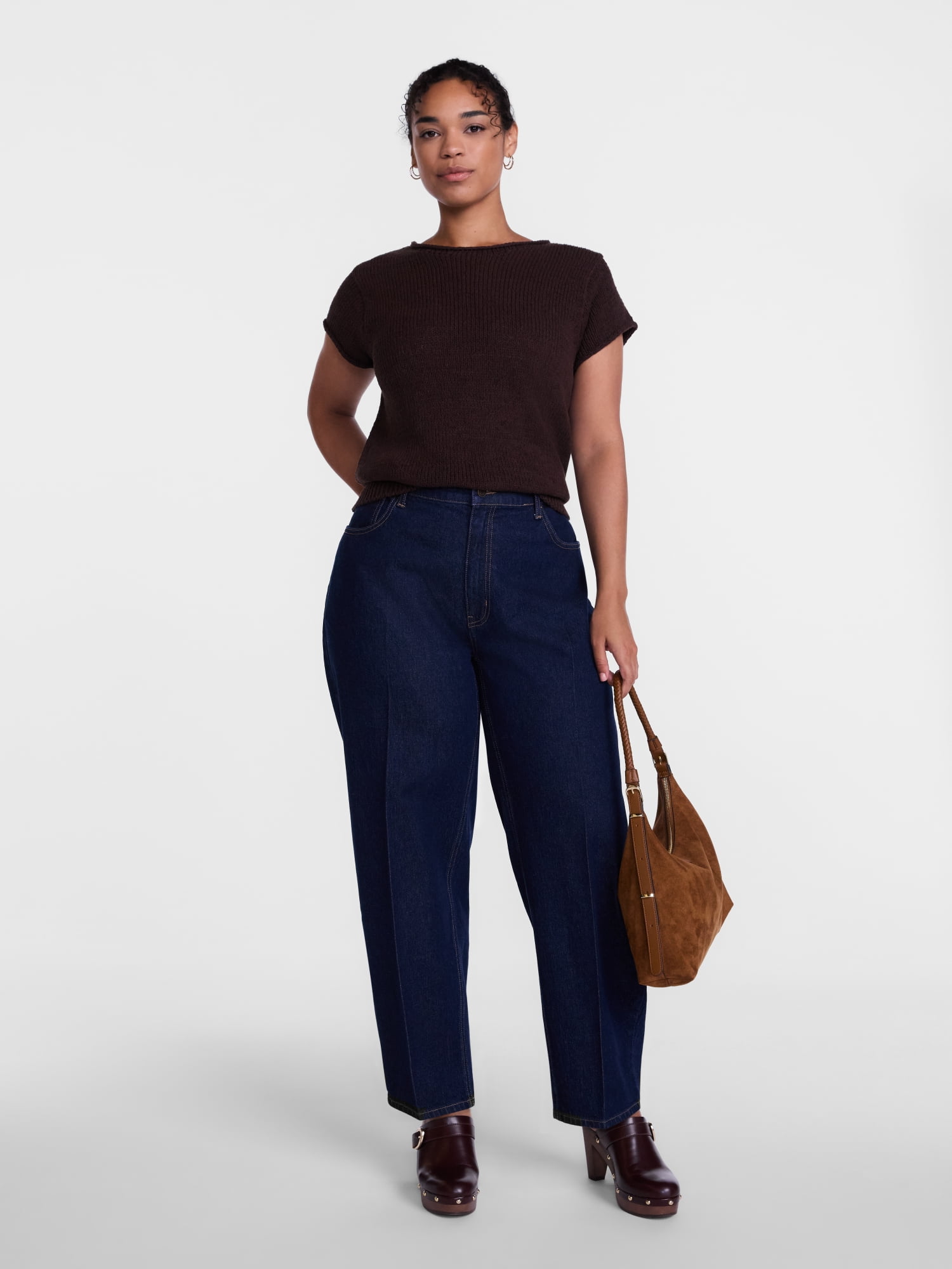 Scenario Women's and Women's Plus High Rise Tapered Barrel Crease Jeans, 27" Inseam, Sizes 0-28W