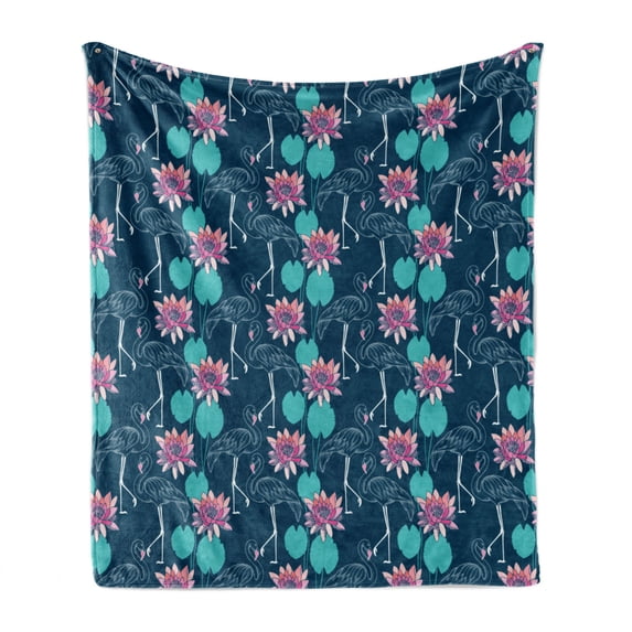 Tropical Soft Flannel Fleece Blanket, Flamingos and Water Lillies Hawaiian Exotic Arrangement of Jungle Flora and Fauna, Cozy Plush for Indoor and Outdoor Use, 50" x 60", Multicolor, by Ambesonne