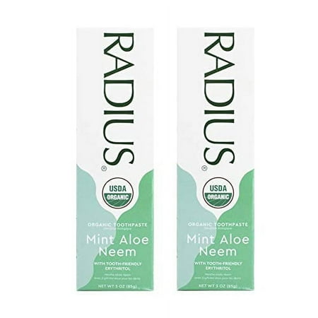 RADIUS USDA Organic Toothpaste 3oz Non Toxic Chemical-Free Gluten-Free Designed to Improve Gum Health & Prevent Cavity - Mint Aloe Neem - Pack of 2