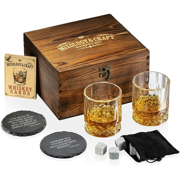 Mixology and Craft 10 Piece Whiskey Stones Gift Set, Includes 8 Granite Whiskey Rocks Chilling Stones and 2 10oz Whiskey Glasses