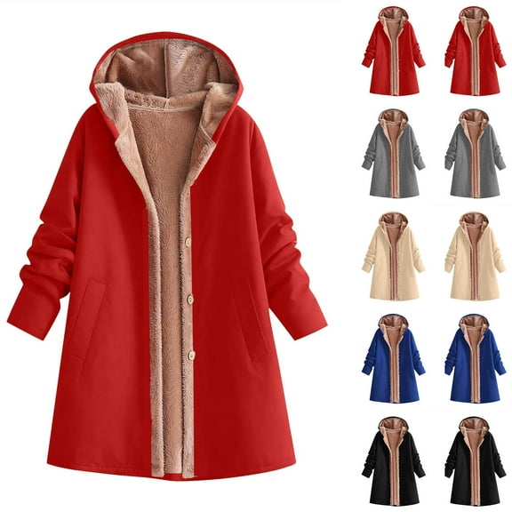Scyoekwg Winter Coats for Women Fashion Fleece Lined Jacket Long Sleeve Hooded Warm Coat Solid Color Comfy Fleece Jackets Outerwear (Black,S)