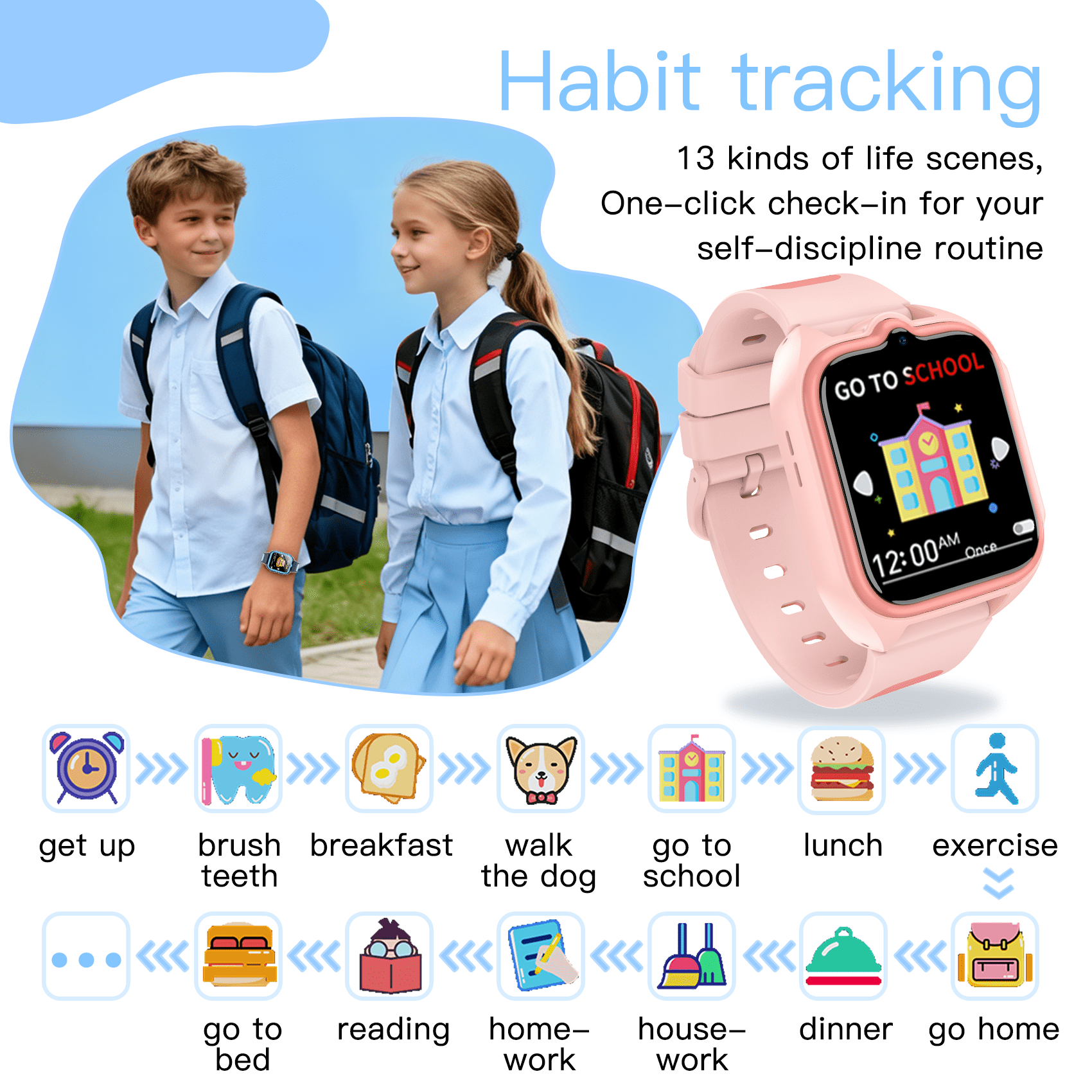 LUOMATE 1.75" Kids Smart Watch for Boys & Girls - 32 Learning Games, Music Player, Pedometer, IP68 Waterproof, Habit Tracker, Alarm & Calculator (Blue)