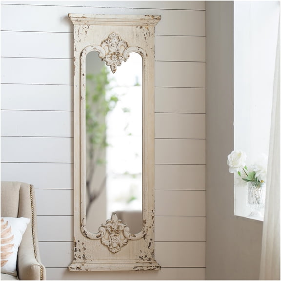 JERFIT Full Length Mirror with Solid Wood Frame, Large Floor Standing Mirror with Distressed White Farmhouse Style for Bedroom, Living Room, Entryway