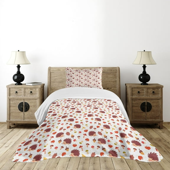 Ambesonne Mushroom Quilted Bedspread Set 2 Pcs, Autumn Hedgehog Acorns, Twin Size, Multicolor