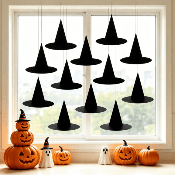 12Pcs Halloween Paper Witch Hats, Black Witch Hat Hanging Ornament for Yard Home Ceiling Wall Tree Decor, Spooky Paper Witch Hats Backdrop for Halloween Party