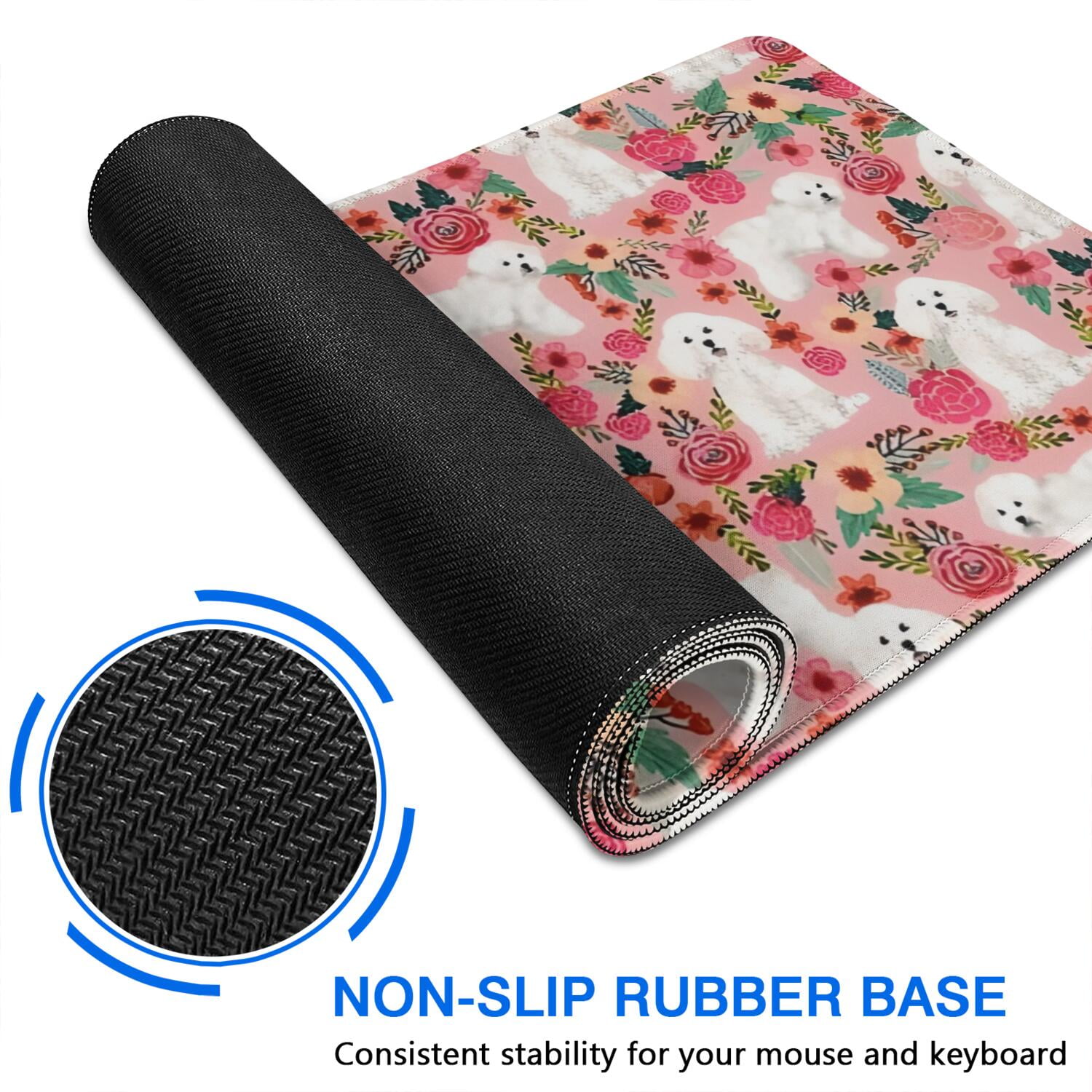 Long Mouse Pads for Desk,Bichon Frise Dog and Pioneer Flower Desk Mats on Top Of Desks, Desk Mouse Pad Extra Large with 3mm Non-Slip Base and Stitched Edge for Gaming,Office,Work,Home 47.3"x23.6"