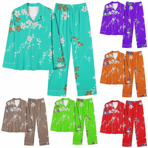 kttectoa Outfits for Women Womens Loungewear Set Winter Pajamas for Women Lounge Sets Floral Print Long Sleeve Mock Neck Button Tops and Pants Winter Clothes for Women