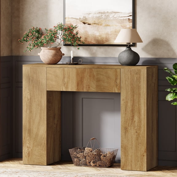 Finmind 39" Farmhouse Console Table, Narrow Wood Entryway Table with Drawer for Hallway, Light Brown