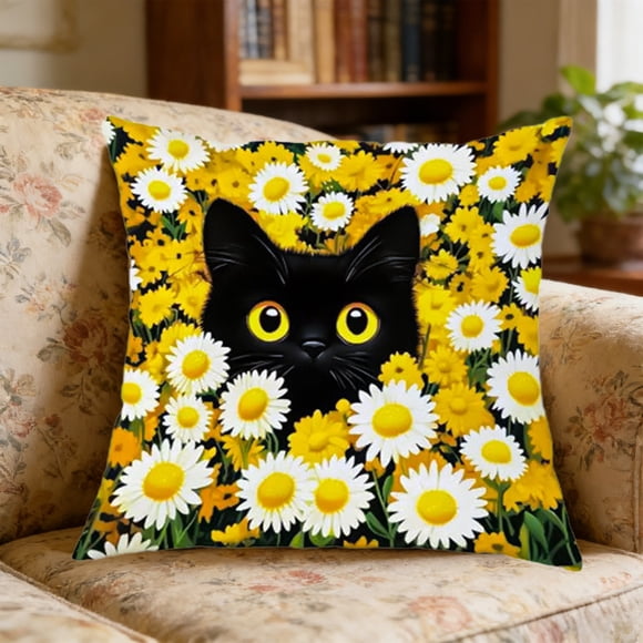 Black Cat Flower Throw Pillow Covers 18x18,Spring Boho Decorative Animal Pillow Covers,Easter Decorative Pillow Covers with Zipper Cute Boho Summer Throw Pillowcases for Living Room Couch Sofa Bed