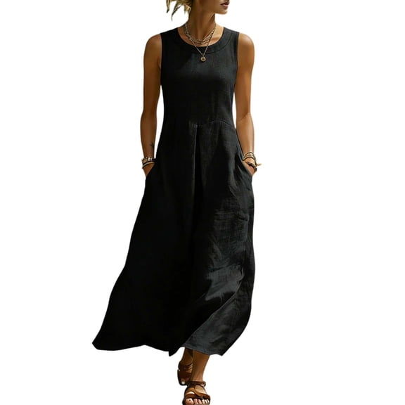 Dvprdro Solid Crew Neck Sleeveless Maxi Dress for Women Side Pockets Loose Fit Summer Vacation