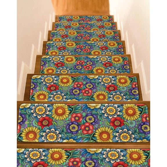 Spring Flowers Non-Slip Stair Treads for Wooden Steps, 4 Pack 8x30 Inches Carpet Stair Mats with Adhesive Backing, Noise-Reducing Step Covers for Indoor Stairs, Easy to Install & Residue-Free