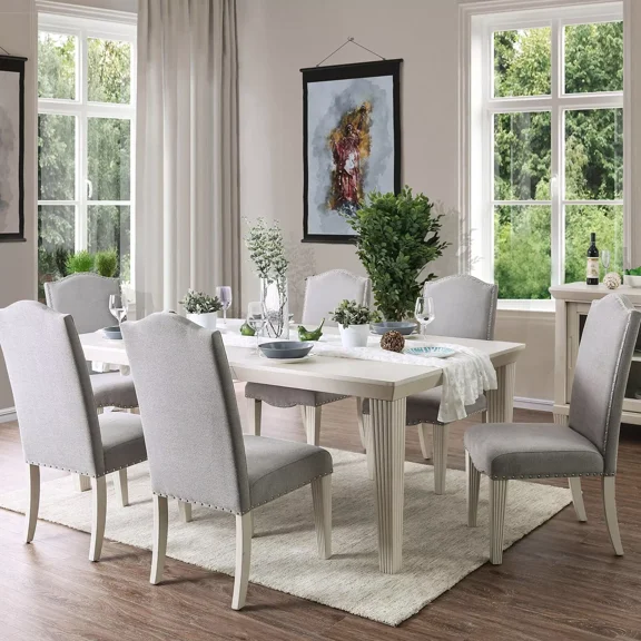 Dining Table w Leaf 6x Side Chairs Antique White Solidwood Gray Fabric Nailhead Trim Camel Back Design 7pc Dining Set