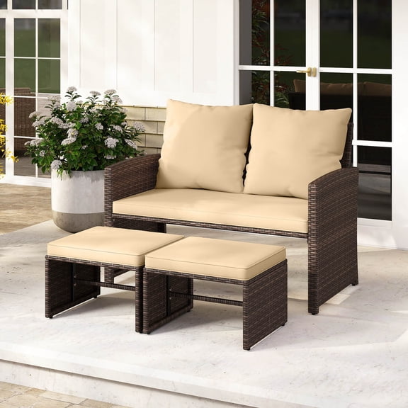 Costway Outdoor Loveseat with Ottomans, 3 Pieces Patio PE Wicker Furniture Set with Cushions