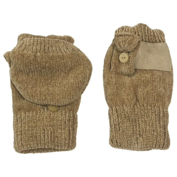 Isotoner Womens Tan Chenille Fingerless Convertible Flip Top Gloves