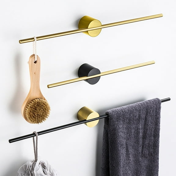 RFUGUG Self-Adhesive Black/Gold Towel Bar Bath Towel Holder Adjustable Aluminum Wall Mount Bathroom Towel Holder for Bathroom Shower and Kitchen Space Saving Towel Hanger