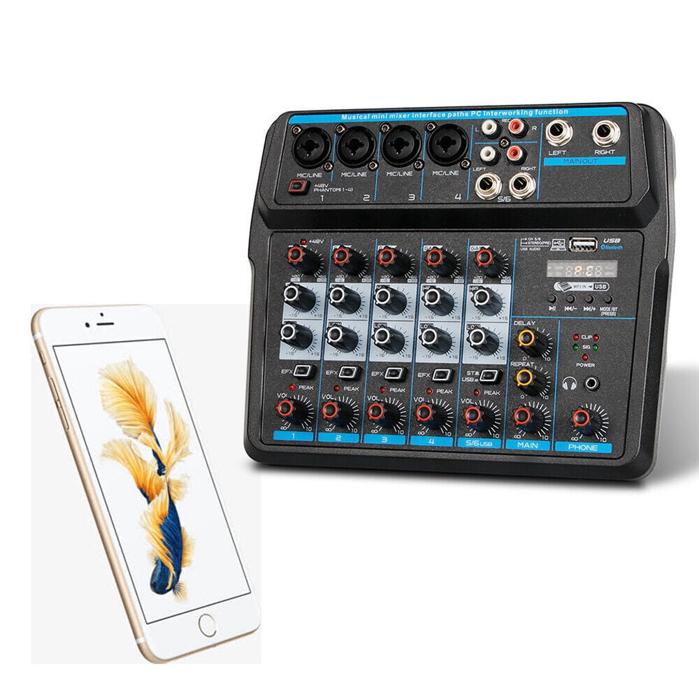 Miumaeov Pro 6-Channel Live Audio Mixer Bluetooth USB DJ Sound Mixing Console Amplifier