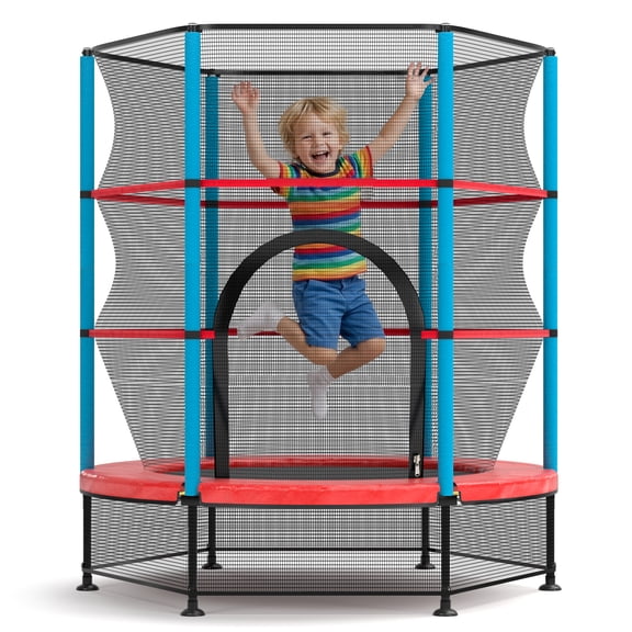 Trampoze 55" Foldable Recreational Trampoline with Safety Enclosure Net, 330LBS Steel PP Mat Indoor Outdoor for Kids Adults, Red Blue