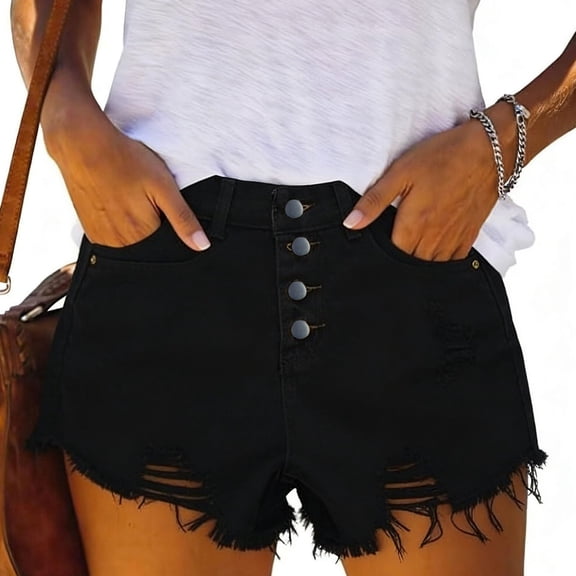 Denim Shorts For Women Four Button Fly High Waist Light Wash Distressed Frayed Hem Fashionable Jean Shorts With Pockets Loose Fit Summer Shorts 2026 Casual Trendy Vacation Shorts