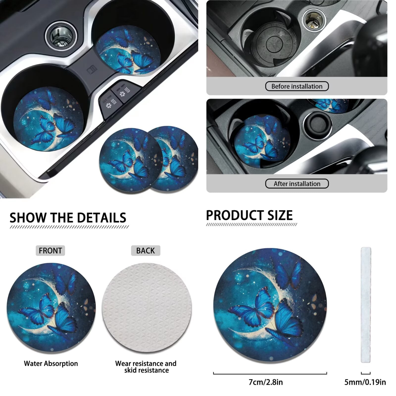 Jeiento Butterfly Moon Car Seat Covers Full Set with Headrest Cover, Gear Shift Cover, Handbrake Cover, Keychain Holder, Cup Coasters, 11 Piece Auto Interior Accessories, Blue