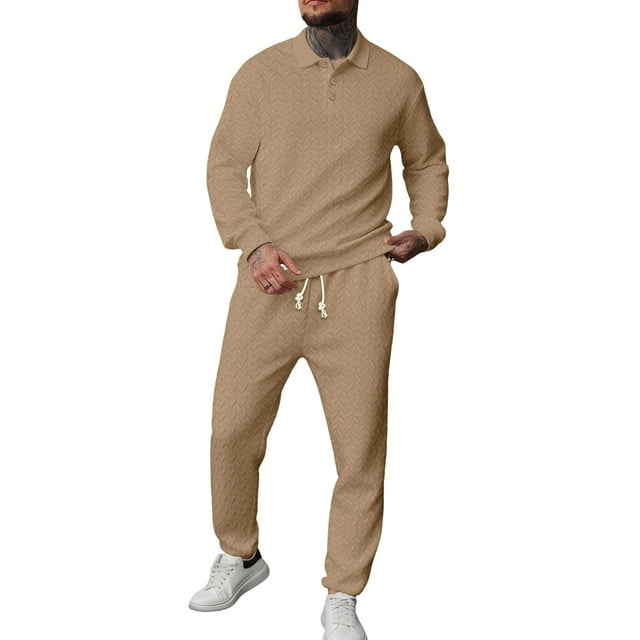 Men's 2 Piece Plaid Jacquard Track Suit - Quarter Button Polo Sweatshirt & Jogger Pants Set,Khaki,Large