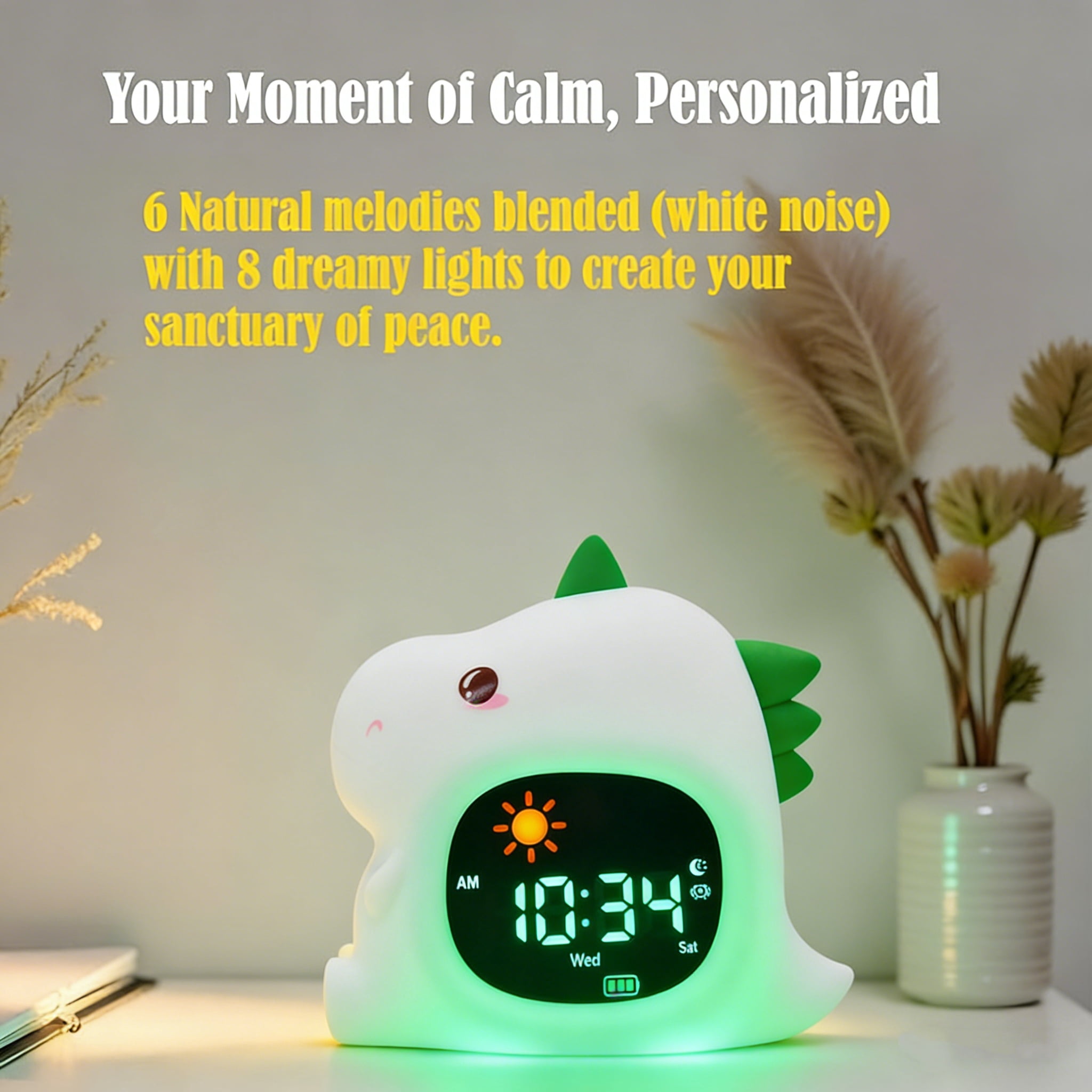 Dinosaur Children's Sleep Training Alarm Clock - Night Light with Wake Up Light, Sleep Sound, and Color Changing Emotion Light
